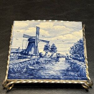 Delft Style West German  Blue White Windmill farmhouse harbor scene RARE